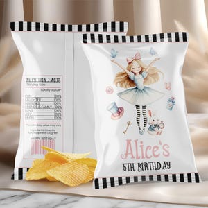 Chips Bag Template, Girls Birthday Favors | Alice in Wonderland, Mad Hatter, Tea Party Girls 1st Birthday Favors, Printable Decor Ideas AW1