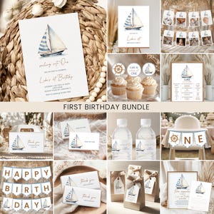 Nautical Boys 1st Birthday Bundle, Package | Sailboat Birthday Party Invite, Signage, Printable Decor, Our Little Sailor, Blue Stripes NU1