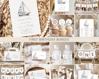 Nautical Boys 1st Birthday Bundle, Package | Sailboat Birthday Party Invite, Signage, Printable Decor, Our Little Sailor, Blue Stripes NU1