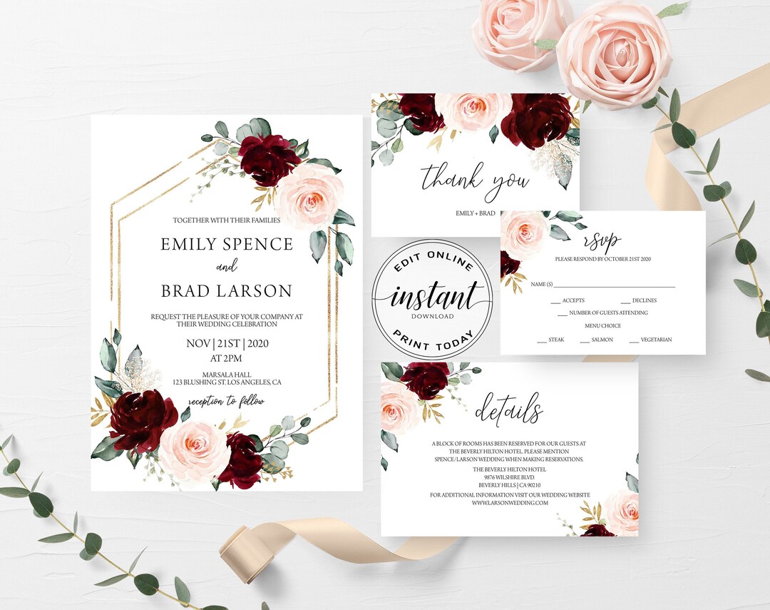 Marsala Wedding Invitation Suite Burgundy Floral Wedding Set - Etsy