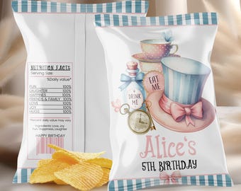May include: A white chip bag with a blue and white striped border. The bag features a watercolour illustration of a teacup, teapot, pocket watch, and a hat with a pink ribbon. The text "Drink Me" and "Eat Me" are on the bag. The bag also has the text "Alice's 5th Birthday".