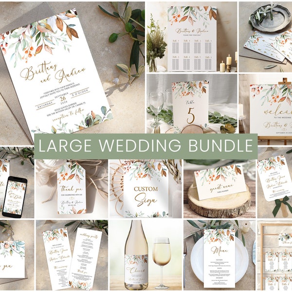 Autumn Fall Wedding Invitation Bundle | Terracotta, Burnt Orange, Boho, Rustic, Greenery | Printable Wedding Decor Ideas Signs, Template ATM