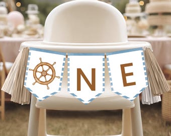 Striscione per seggiolone, striscione per compleanno ONE / Nautico, Barca a vela, Striscione per la festa del primo compleanno dei nostri piccoli marinai, Idee per decorazioni stampabili NU1