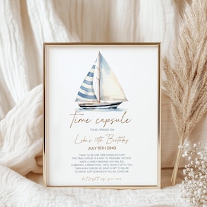 Placa de cápsula do tempo de aniversário, cartão | Náutico, veleiro, ideias de decoração para festa de 1º aniversário dos nossos pequenos marinheiros, jogos, lembranças para impressão NU1