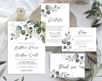 Groen bruiloft uitnodiging set | Bloemen, Botanisch, Eucalyptusbladeren, Boho Boho | Afdrukbare, bewerkbare sjabloon, RSVP, detailskaart GR1