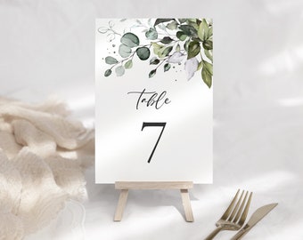 Números de mesa de boda de vegetación / Floral, Botánico, Hojas de eucalipto, Boho Boho / Decoración de boda imprimible, Números de mesa editables GR1