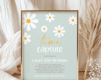 May include: A light blue and yellow time capsule sign with daisies. The sign says "Time Capsule" and "To be opened on Luna's 18th Birthday". The text reads: "Today I'll be one, time passes so fast! This time capsule is a way to treasure the past. Write a sweet message any will do. A memory, a prediction - we'll leave it up to you. Then when I grow up, what a gift it will be to know just how much you all loved me. Don't forget to sign your name."