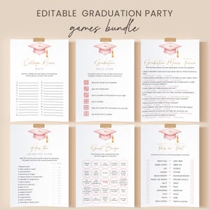May include: A bundle of printable graduation party games on white paper, featuring a pink graduation cap graphic. Games include "College Name Race", "Graduation Dice Game", "Graduation Movie Trivia", "Has The Graduate Ever", "Guest Bingo", and "This or That".