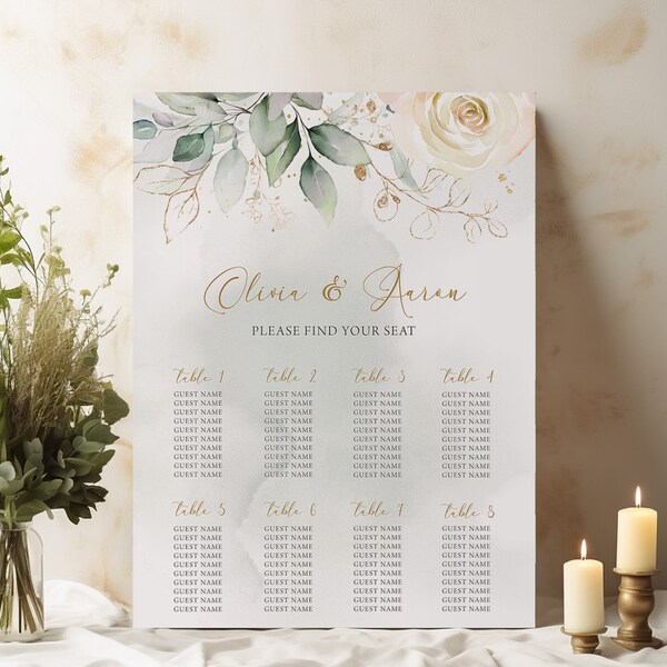 Wedding Seating Chart, Poster | Blush Floral, Beige Rose, Gold Leaves, Greenery | Printable Wedding Seating Plan, Sign, Find Your Seat BWF