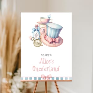 Geburtstag Willkommensschild, Poster | Alice im Wunderland, Onederland, Mad Tea Party Girl 1. Geburtstag Dekor Idee Signage, bearbeitbar, druckbar AW2