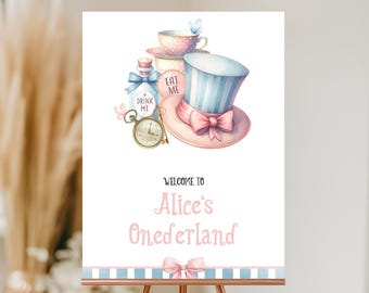 Znak powitalny urodzinowy, plakat | Alicja w Krainie Czarów, Onederland, Pomysł na dekorację na pierwsze urodziny Mad Tea Party Girl, edytowalny, do druku AW2