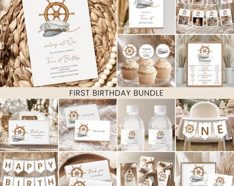 Nautical Boys 1st Birthday Bundle, Package | Sailor Cap Birthday Party Invite, Signage, Printable Decor Ideas, Sailing into ONE, Marine NU2