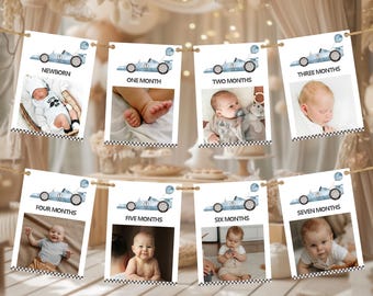 May include: A white banner with blue race cars and photos of a baby at different ages. The banner says "Newborn", "One Month", "Two Months", "Three Months", "Four Months", "Five Months", "Six Months", and "Seven Months".