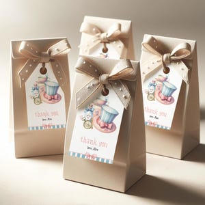 以下が含まれることがあります： 白い水玉模様と茶色のサテンリボンが付いた小さな茶色のギフトバッグが4つ。各バッグには、ティーカップ、ティーポット、帽子が描かれた水彩画と「ありがとう love Alice」の文字が書かれた白いタグが付いています。
