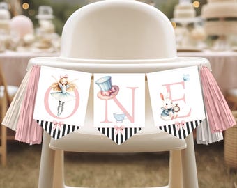 High Chair Banner, Birthday ONE Banner | Alice in Wonderland, Mad Hatter, Tea Party Girl 1st Birthday Party Banner Printable Decor Ideas AW1