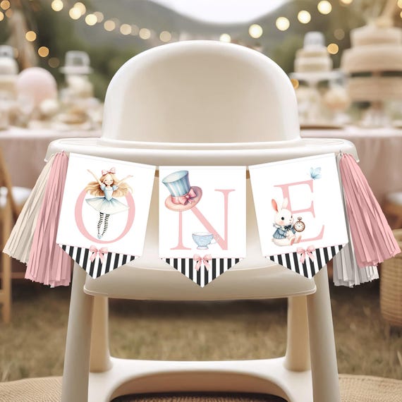 Alice In Wonderland First Birthday Banner - ONE High Chair Decor For Girl's Wonderland Party