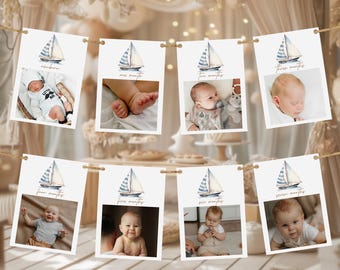 Striscione fotografico di compleanno, striscione di 12 mesi, foto dell'anno dei ragazzi / nautico, barca a vela, decorazioni per la festa del primo compleanno del nostro piccolo marinaio, idee NU1