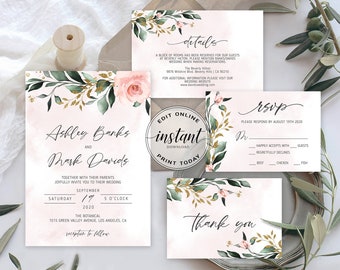 Greenery Watercolor Wedding Invitation Template Editable Wedding Invitation Set Printable Boho Wedding Invitation Suite Blush Floral DIY