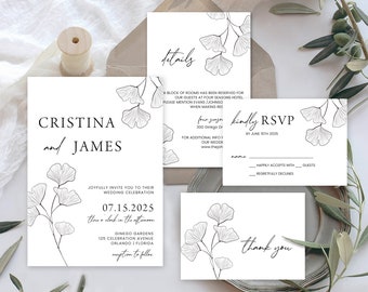 Suite de invitación de boda, moderna / minimalista, arte lineal botánico, hoja de ginkgo / plantilla de invitación de boda editable imprimible Detalles de RSVP GKG