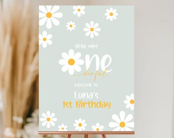 Cartello di benvenuto per compleanno, poster / margherita, Miss ONEderful, fiori di campo / idee per decorazioni per la festa del primo compleanno di una bambina, segnaletica, modificabile, stampabile LMO