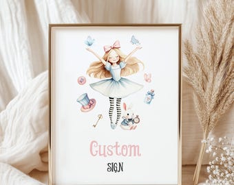 Afdrukbaar aangepast feestbord | Alice in Wonderland, Mad Hatter, Tea Party Girls 1e verjaardagsfeestje decoratie-ideeën, aangepaste bewegwijzering AW1