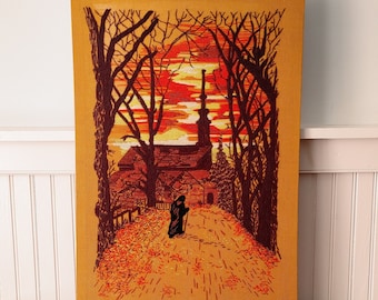 Vintage Paragon Crewel Hand Embroidered in the Canary Islands / Retro Sunset, Tree Branch, Monk Crewel / Creepy Gothic Scene with Church