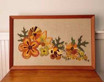 Retro Framed Floral Crewel / 1970's Flowers and Leaves in Mustard, Avocado, and Rust Tones / Bucilla "Botanica" Yarn Embroidery Wall Decor