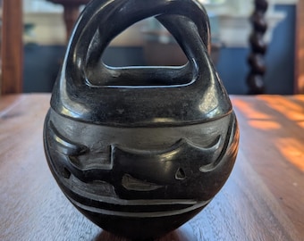 Vintage Santa Clara Pueblo Blackware Pottery 5.5" Engagement Basket with Avanyu Water Serpent Motif by Tricia Velarde