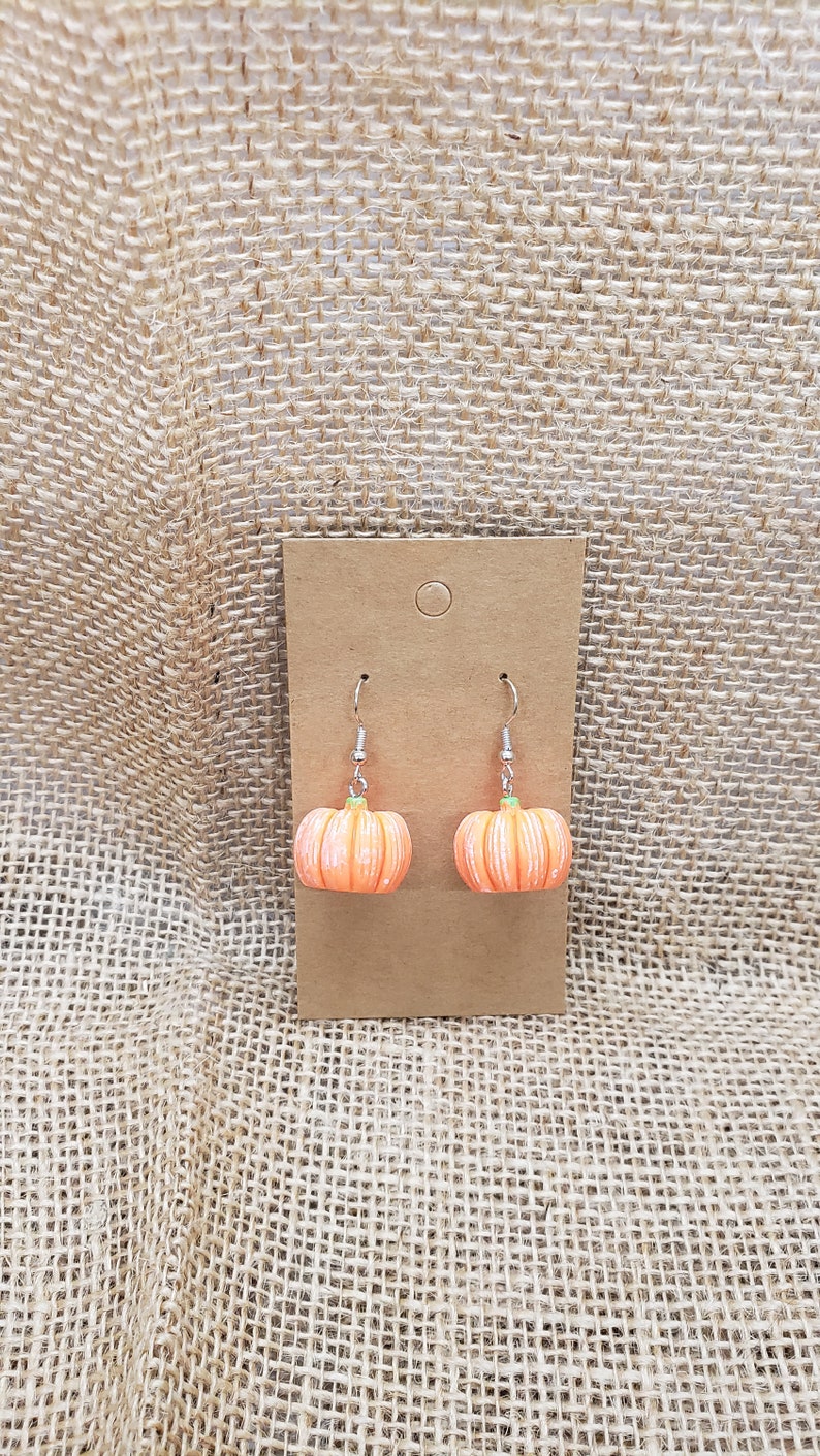 May include: A pair of pumpkin-shaped earrings with silver hooks. The pumpkins are orange with green stems and white stripes.