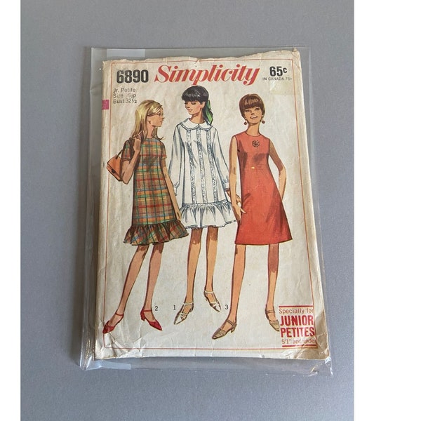 Vintage Simplicity 6890 Mod Dress 1960s 1966 Sewing Pattern Sz 9 Junior