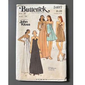 May include: Vintage Butterick sewing pattern featuring illustrations of various dresses. The pattern includes a size 12 and bust 34 measurements. The designer is John Kloss. The dresses are in shades of white, black, peach, blue, and brown.
