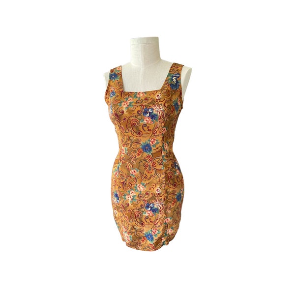 1990s Bright golden yellow, blue, and floral dress sheath mini dress size 9 Knapp Studio bust 36