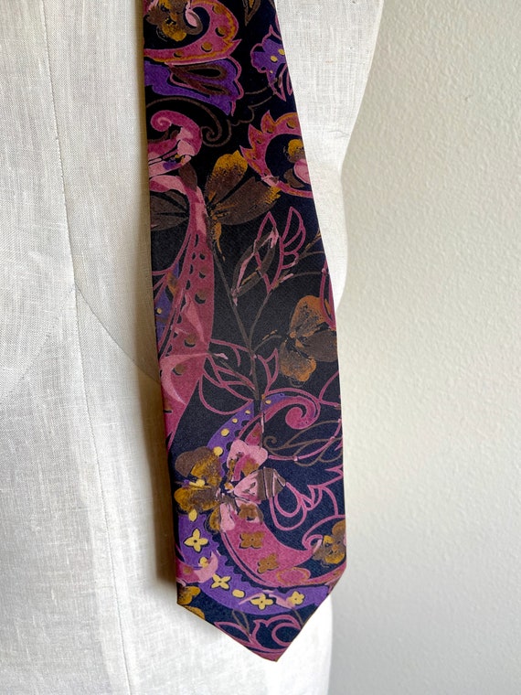 Vintage 1980s Stringbeans Tie Black Pink purple p… - image 2