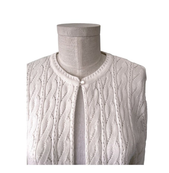 Cute One button Off white cable knit pointelle ca… - image 4