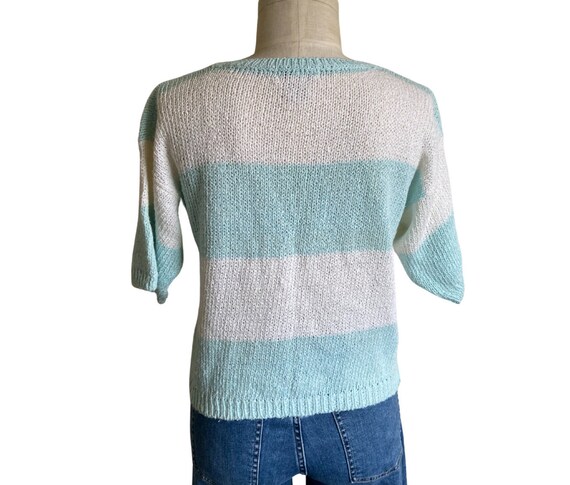 1980s vintage striped aqua and cream short sleeve… - image 2