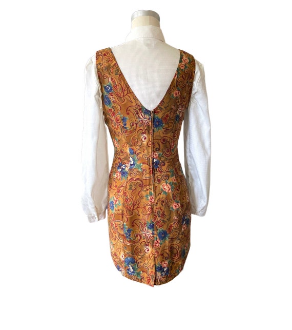 1990s Bright golden yellow, blue, and floral dres… - image 7