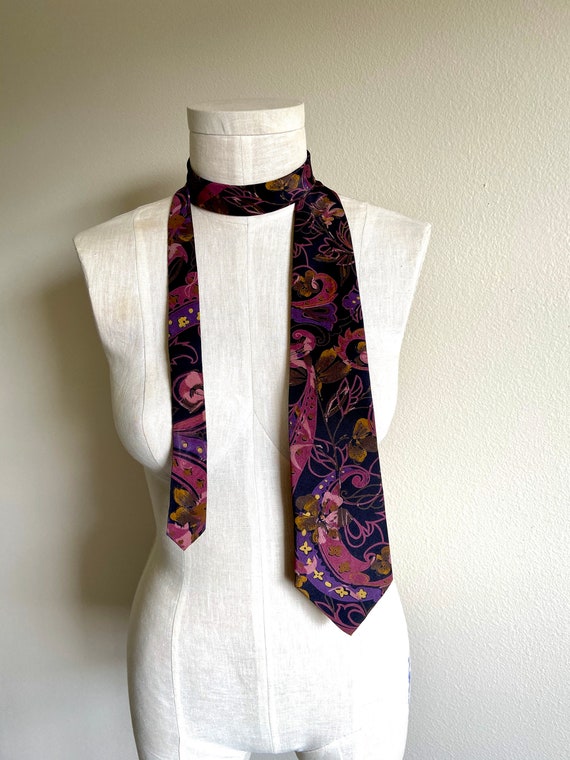 Vintage 1980s Stringbeans Tie Black Pink purple p… - image 1