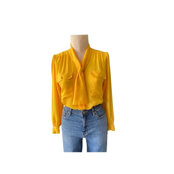 Vintage 1980s Josephine Lemon yellow chiffon blou… - image 1