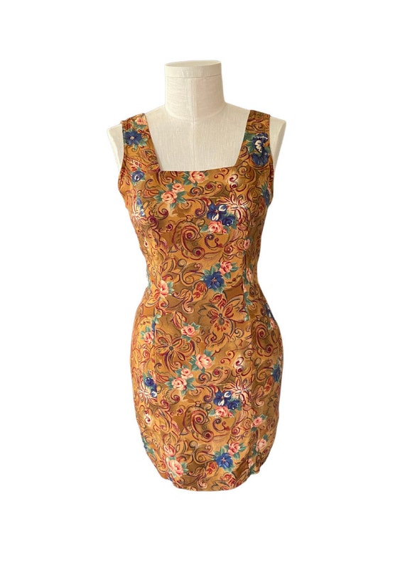 1990s Bright golden yellow, blue, and floral dres… - image 10