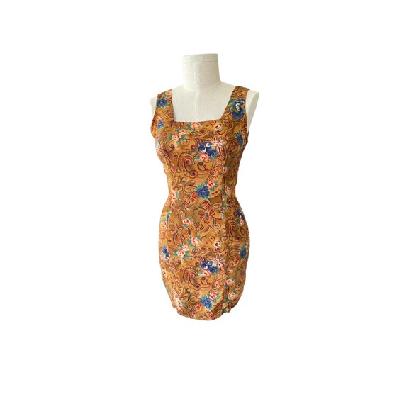 1990s Bright golden yellow, blue, and floral dres… - image 1