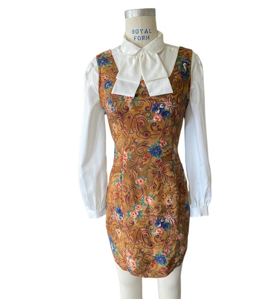 1990s Bright golden yellow, blue, and floral dres… - image 2