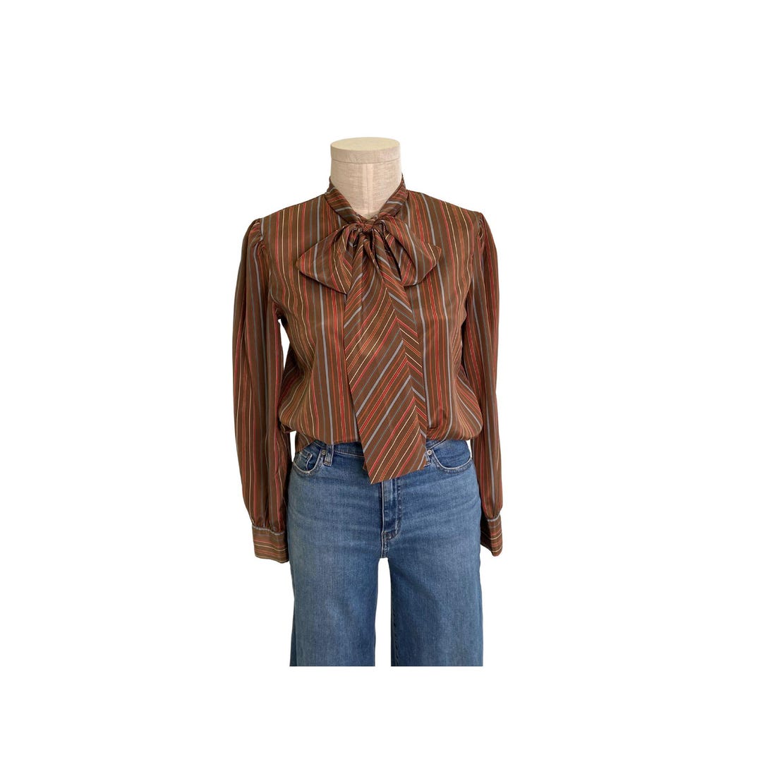 Vintage bow blouse in cocoa brown with multi colors stripes, fits Medium