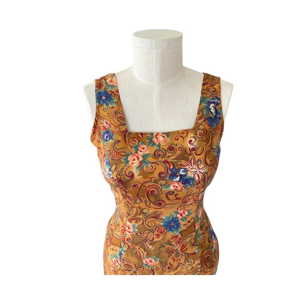 1990s Bright golden yellow, blue, and floral dres… - image 5