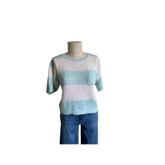 1980s vintage striped aqua and cream short sleeve… - image 1