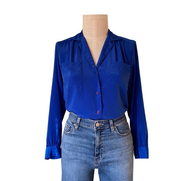 1980s long sleeve Sapphire Blue vintage blouse Sz M Petite Impressions