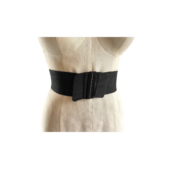 Vintage 80s Black Elastic Belt Satin Rhinestone Bow Size XS  display picture 1