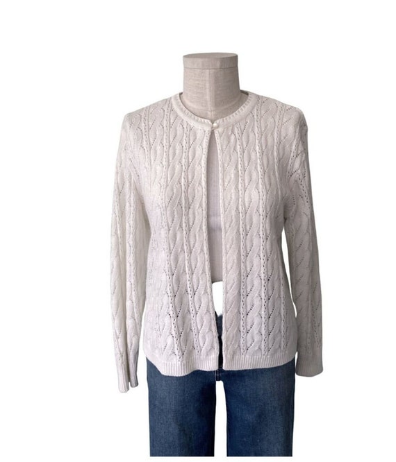 Cute One button Off white cable knit pointelle ca… - image 2