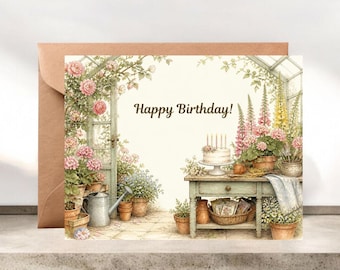 Cottage Greenhouse Birthday Greeting Card, Birthday Card #152