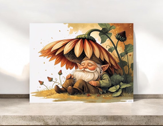 Whimsical Gnome Sleeping Under Flower Notecard: Storybook Art Greeting Card