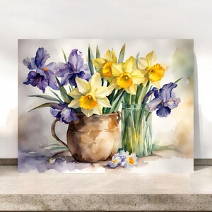 Aquarell Narzissen und Iris Blumenstrauß Notecard Set, Geschenk für Gärtner, Blumenbriefpapier, Gelbe und Lila Blumen